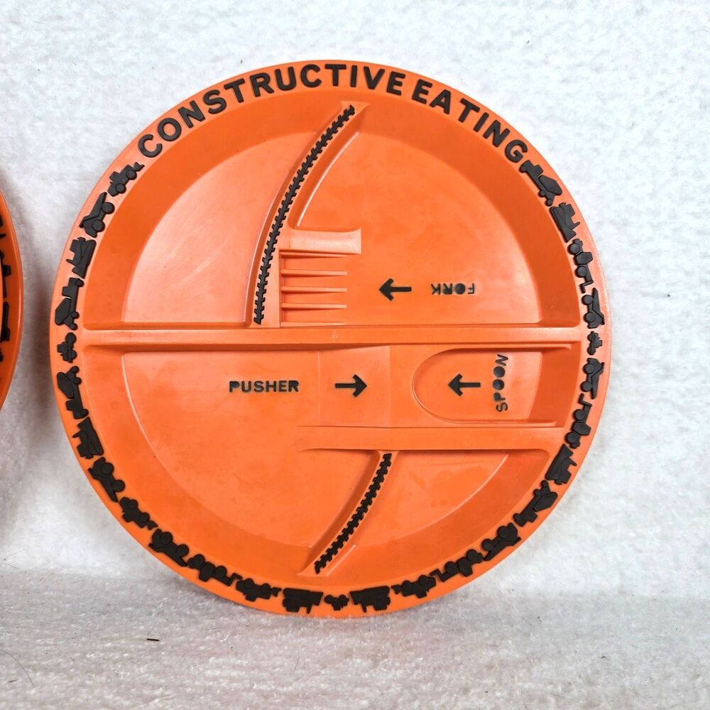 X3 Constructive Eating Construction Orange Plates 9" Made In USA
